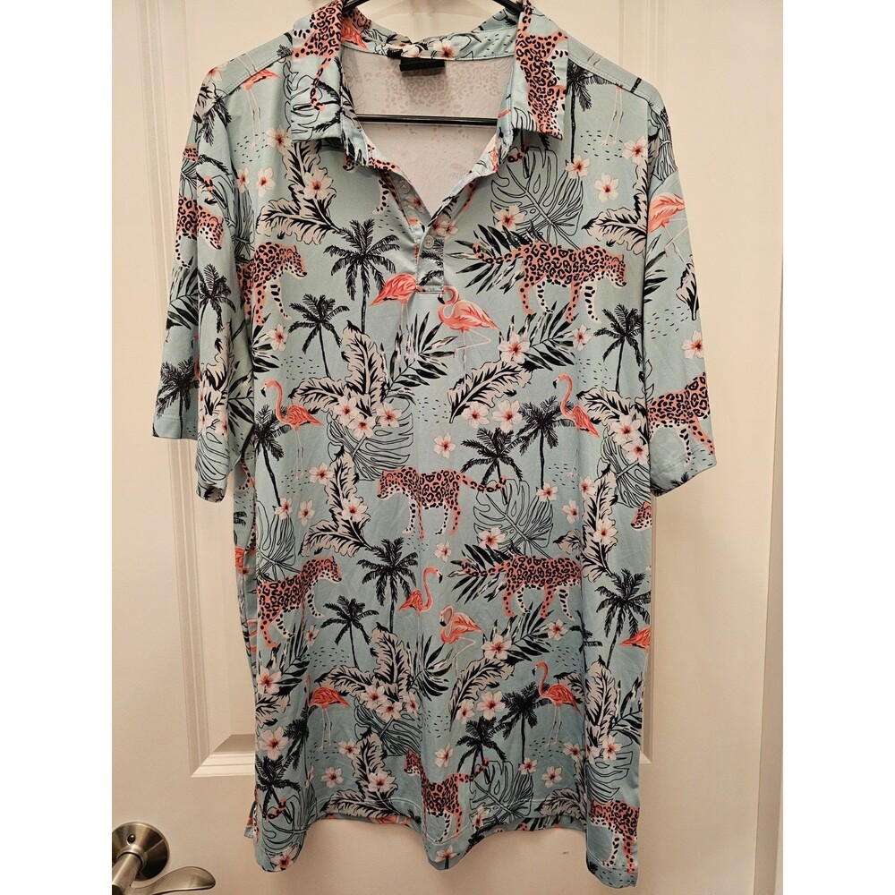 Green Side Golf Polo Cheetah Palm Flamingo Flower Stretchy XL Light Green Funky